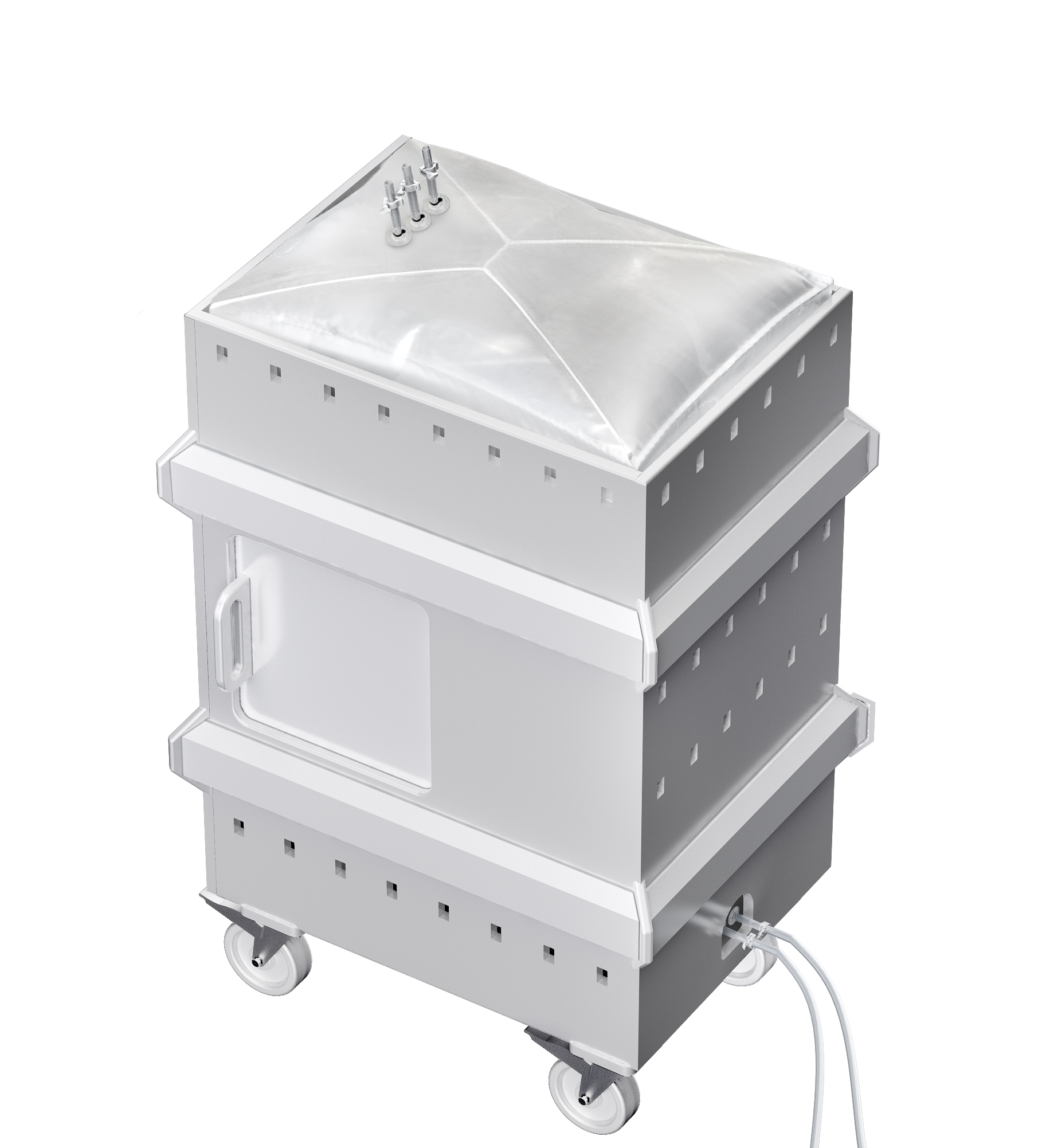 A large polypropylene bioprocess tote with a custom 3D bag inside with top and bottom ports.